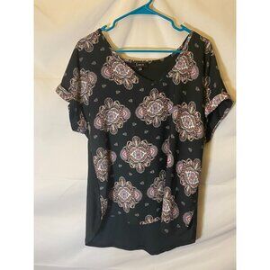 LUX II WOMENS Boho LARGE L VNECK PAISLEY PATTERN SHORT SLEEVE SHIRT TOP BLOUSE